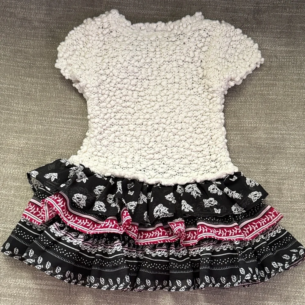 Cream Knit Top with Black & Pink Floral Tiered Skirt Dress